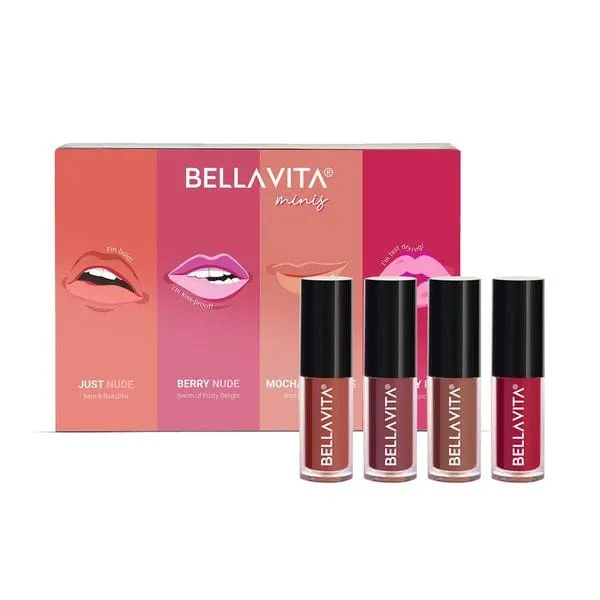Bellavita Mini Liquid Lipstick Set of 4, Ultra Matte, Transfer-Proof, Just Nude, Berry Nude, Mocha Madness & Cherry Pop, 2ml Each