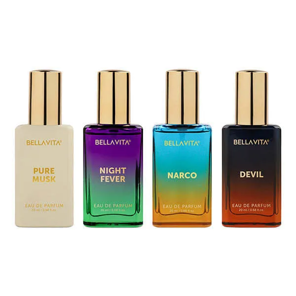 BELLAVITA Unisex Scents Gift Set | 4x20ml | Long Lasting Perfume | Woody & Musk Fragrance Notes | Eau de Parfum - 80 ml
