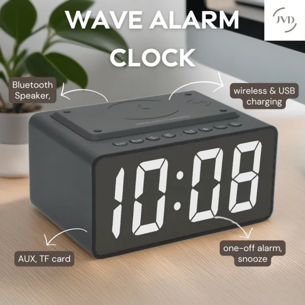 JVD Wave Smart Digital Alarm Clock with Wireless Charger & Bluetooth Speaker (Black) | Best Price
