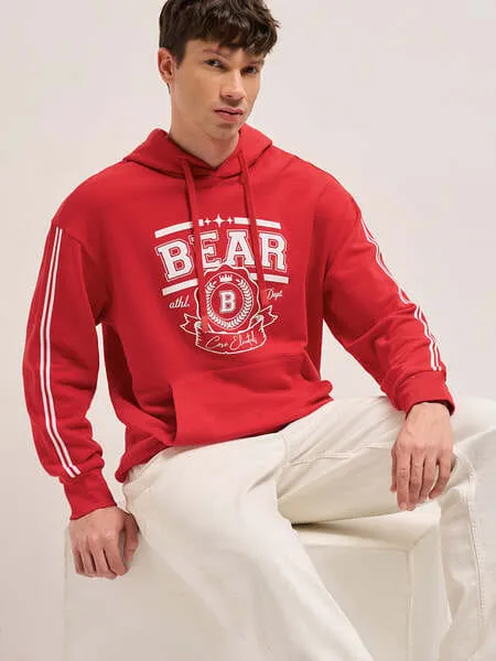 The Bear House ZELLA Red Relaxed Fit Hoodie with Bold Athletic Crest and BEAR Print