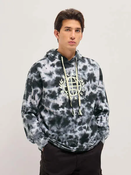 The Bear House TYDI Black & Grey Tie-Dye Relax Fit Hoodie with “BEAR ELEVATED” Graphic Print