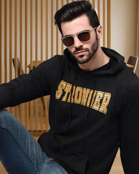 Rigo Men Black Bold Printed Hood Fleece Sweatshirt