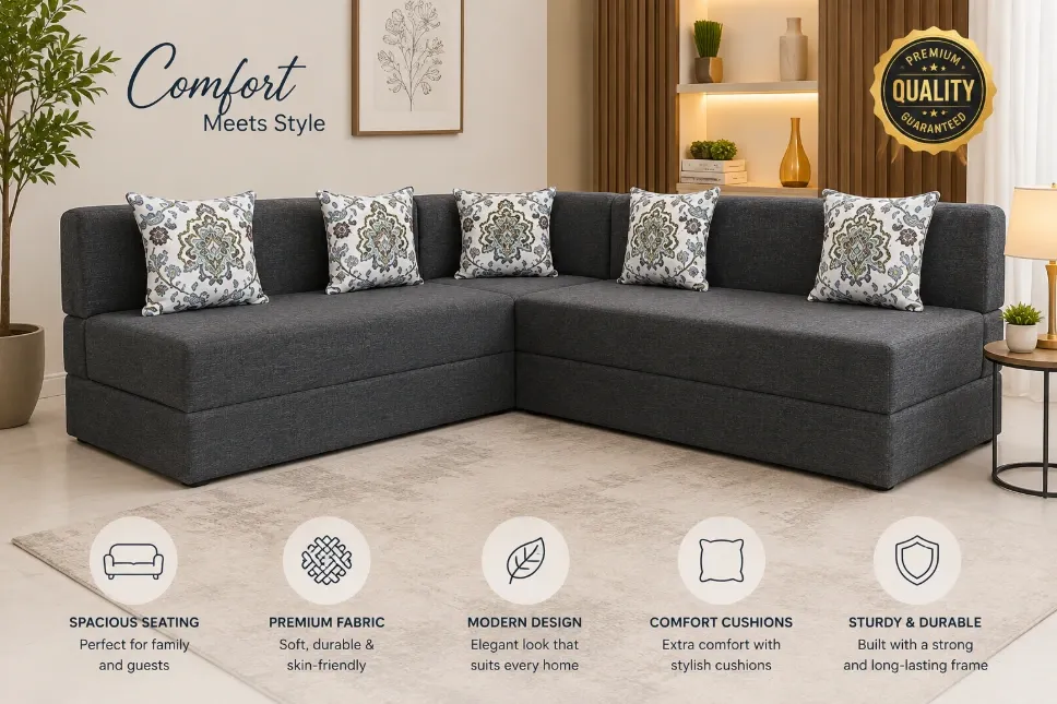 Apkainterior L Shaped 5 Seater Double Foam Fold Out Sofa Cum Bed