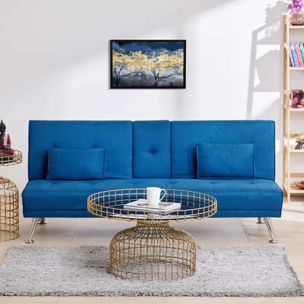 Clovis 3 Seater Sofa Cum Bed | Solid Wood Frame | Cool Gel Memory Foam | Velvet Fabric | Blue | Cup Holders | 1-Year Warranty