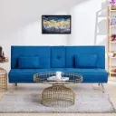 Clovis 3 Seater Sofa Cum Bed | Solid Wood Frame | Cool Gel Memory Foam | Velvet Fabric | Blue | Cup Holders | 1-Year Warranty