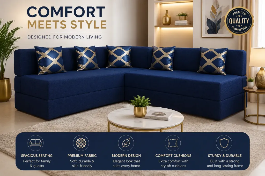 Apkainterior L Shaped 5 Seater Double Foam Fold Out Sofa Cum Bed