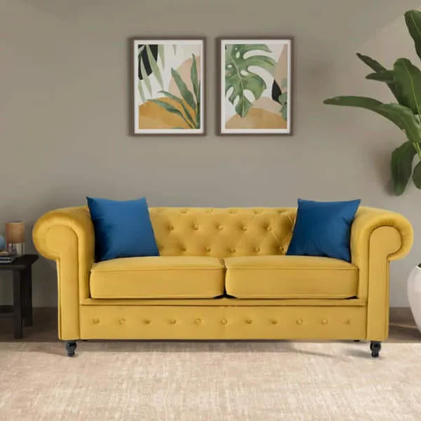 Apkainterior Ness 2 Seater Chesterfield Sofa | Cool Gel Memory Foam | Premium Suede Fabric | Solid Wood Frame | Yellow | 1-Year Warranty (Select, Select)