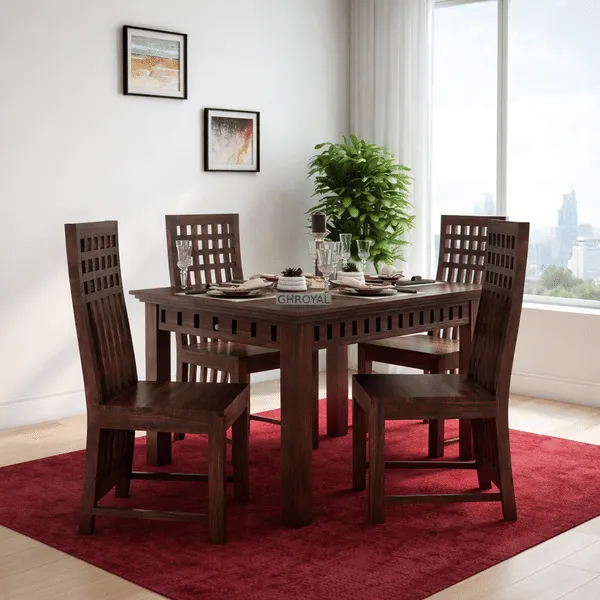 Sheesham Wood 4 Seater Dining Table Set | Rectangular Dining Table with 4 Chairs | Walnut Finish | Solid Wooden Dining Furniture