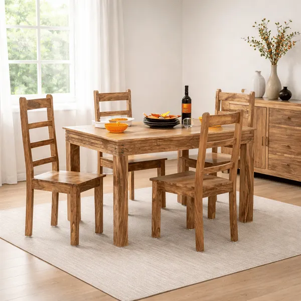 Solid Sheesham Wood 4 Seater Dining Table Set | Rectangular Dining Table with 4 Chairs | Walnut Finish | Wooden Dining Furniture