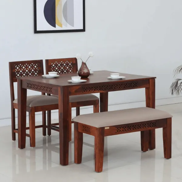 Solid Sheesham Wood 4 Seater Dining Table Set | Jali Design | Honey Oak Finish | Rectangular Wooden Dining Set | Brown