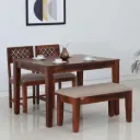 Solid Sheesham Wood 4 Seater Dining Table Set | Jali Design | Honey Oak Finish | Rectangular Wooden Dining Set | Brown