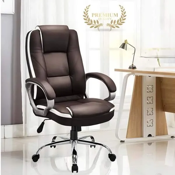 Executive Office Chair | Leatherette & Solid Wood | Adjustable Height | High Back | Rolling Swivel Chair | Brown & Black