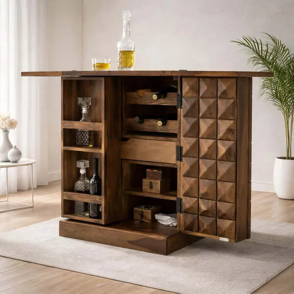 Royal Handicrafts Bar Cabinet For Wine Bottle And Display Unit - Natural Finish (180 x 50 x 20 cm)