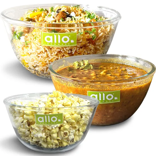 Allo Food Safe Borosilicate Glass Mixing & Serving Bowl Set of 3, Oven, Microwave, Dishwasher & Freezer Safe, 1000ml, 1600ml, 2100ml