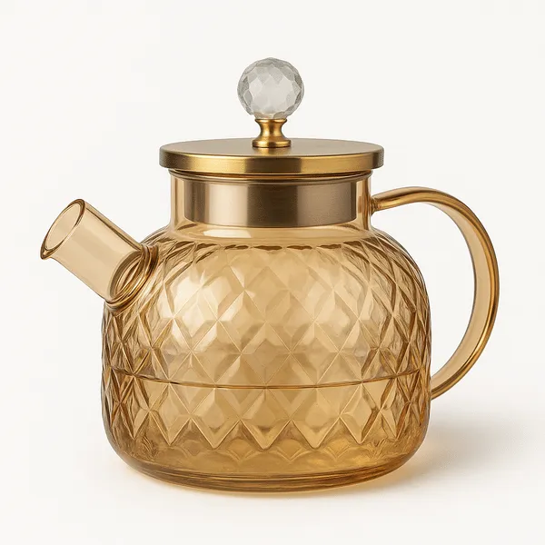 LA' FORTE 1L Borosilicate Glass Kettle – Heat-Proof | Golden Stainless Steel Lid | Crystal Knob | 304 SS Strainer | Flame, Induction & Microwave Safe