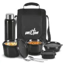 MILTON Pro Lunch Box with Steel Cutlery, 3 Microwave Safe Inner Steel Containers (180ml, 320ml, 450ml) Plastic Chutney Dabba 100ml, Steel Bottle 750ml-Black & Blue