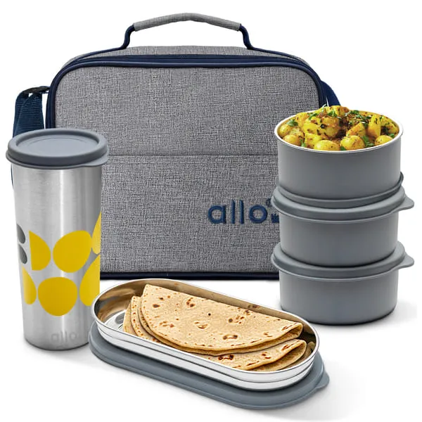 Allo Microwave Safe Steel Lunch Box for Office with Bag for Men and Women, Air Tight & Leak Proof Stainless Steel Tiffin for Office, School, College, Set of 5 with Bag