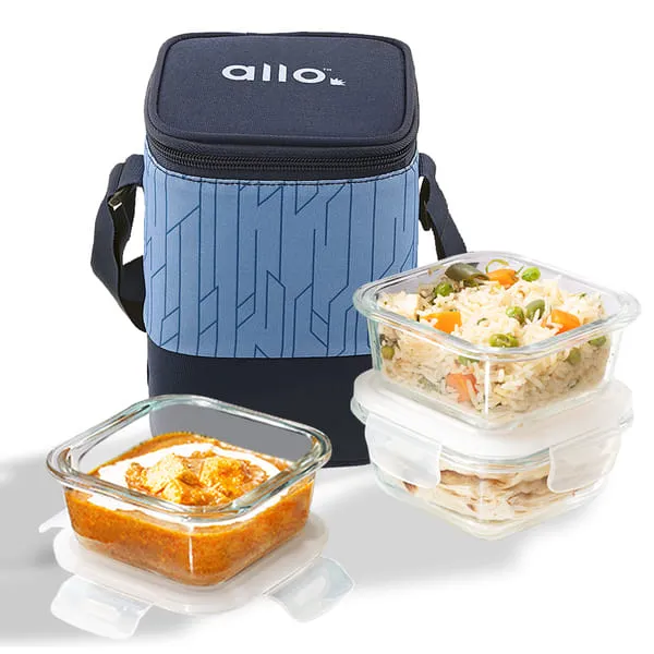 Allo Food Safe Borosilicate Glass Lunch Box, 450C Microwave Safe Lunch Box, Borosilicate Borosilicate Glass Tiffin for Office with Canvas Grey Tiffin Bag, Set of 3, 320ml x 3, Square (Select)