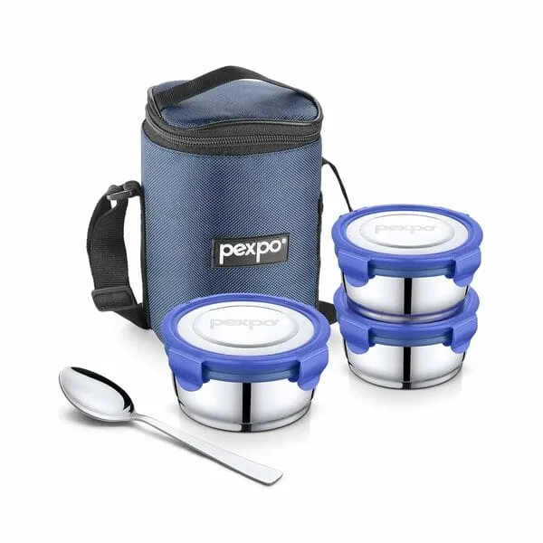 Pexpo Click Meal Stainless Steel Lunch Box with 3 Air-Tight Containers (300ml x 3) & 1 Spoon with Bag - Blue | Leak Proof | Leak Resistant | 1 Year warranty