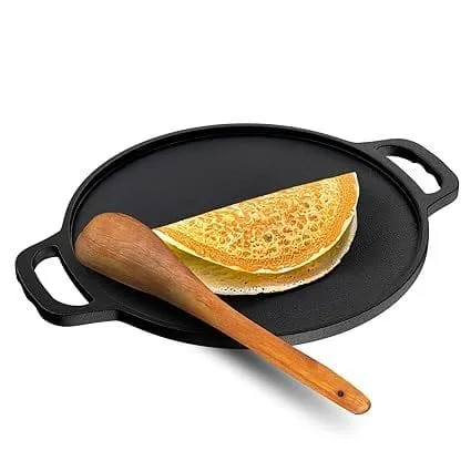 Lifelong Cast Iron Tawa with Wooden Spatula for Dosa, Uttapam & Chapati 30 cm, 2.5kg Pre Seasoned Non-Toxic, Non-Stick & Teflon Free, Gas & Induction -Friendly