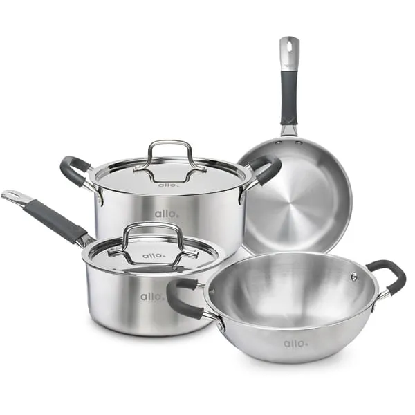 Allo SS Triply Cookware Set, Kadai (20 Cm/1.5 L)+ Fry Pan (20 Cm/1 L)+ Saucepot (20 Cm/3.2 L)+ Saucepan (14 Cm/1 L) Stir-Deep-Fry/Induction Friendly Set of 8, Nonstick