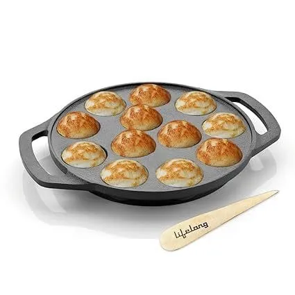 Lifelong Cast Iron Paniyaram Pan 12 Pits, 0.54 L, 2kg, Pre-Seasoned Appam Pan, Unniyappam Chatty, Paddu Maker, Non-Toxic, Non-Stick & Teflon Free