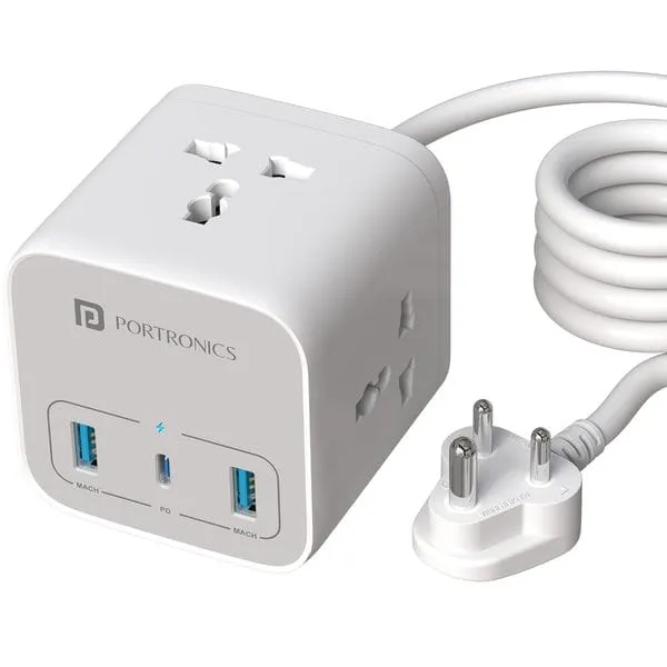 Portronics 20W Volt 20 High Speed Desktop Charger with 3M Copper Cable, Type-C PD Port, 2 USB Mach Port, 3 AC Power Socket, for Laptop, Smartphones, iPhones