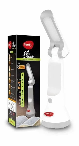 Pigeon Dhruv Shine 2 in 1 Desk and Torch Emergency Lamp with 1200 Mah and 8 Hours Backup (White, Pack of 1, Plastic)