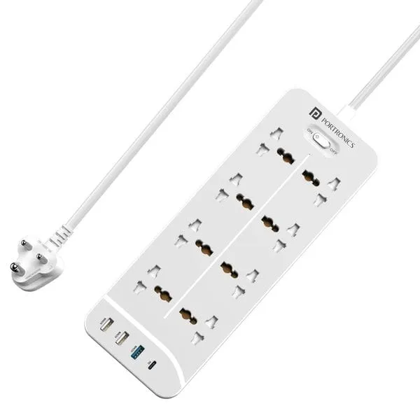 Portronics Power Plate 23 Extension Board with 20W Type-C PD Charging, 8 Universal Sockets, 3 USB Ports, 3 Meter Long Cord, 2500 Watts