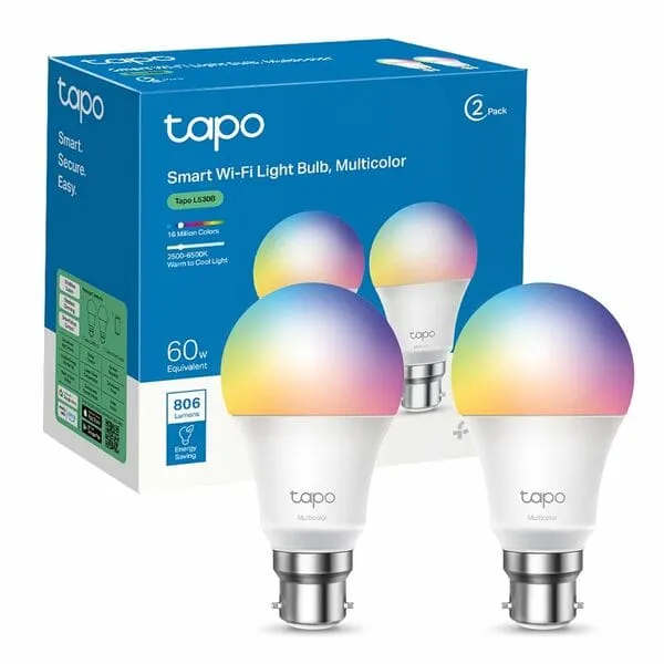 Tapo L530B Smart Bulb Pack of 2, Wi-Fi, B22, 8.7W, Colour-Changeable, No Hub Required, Energy Class A+, Alexa & Google Home