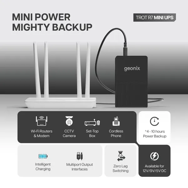Geonix Trot R7 Mini UPS, 6Hr Backup, 2x2000mAh Battery, DC 12V/9V & USB 5V Output, For Router, CCTV & Modem – Black