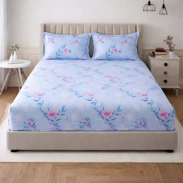 Layers Blossom Floral Double Bedsheet Set, 1 Bedsheet + 2 Pillow Covers, Soft & Breathable, Colorfast Print, Easy Care – Light Blue