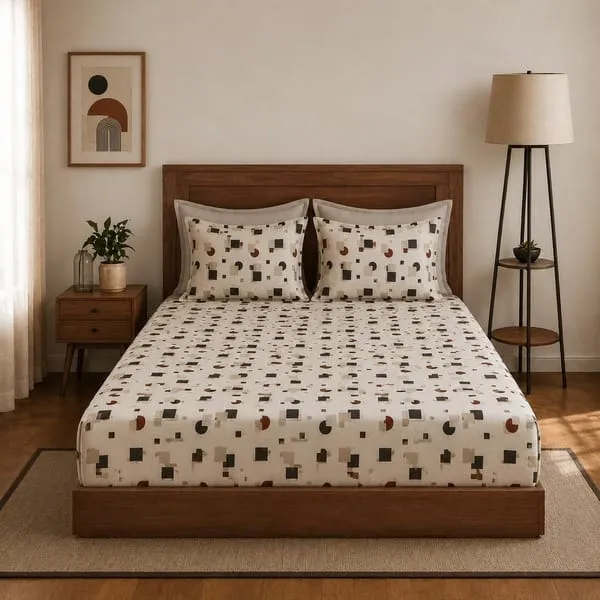 Layers Blossom Floral Fitted Double Bedsheet with 2 Pillow Covers by Indo Count (OFF WHITE PRINTED)