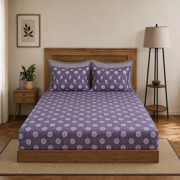 Layers Blossom Floral Fitted Double Bedsheet with 2 Pillow Covers by Indo Count
