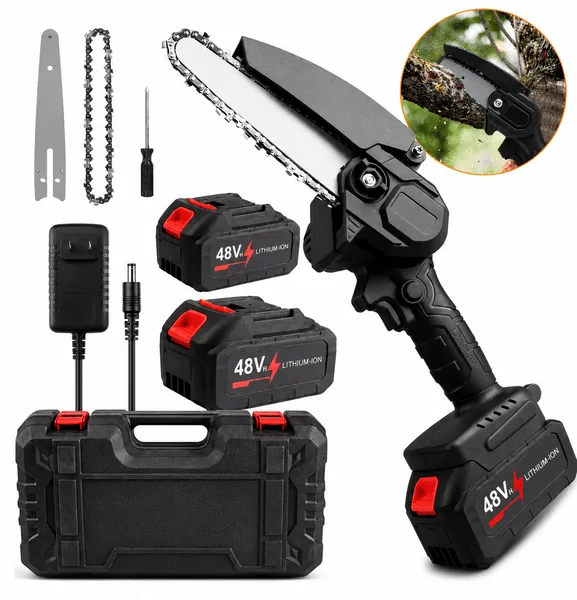 ALQO Rechargeable Powerful Cordless Mini Chainsaw 6 Inch with double Battery | Portable One-Hand Electric Wood Cutter for Tree Trimming & Branch Pruning Wood Cutting