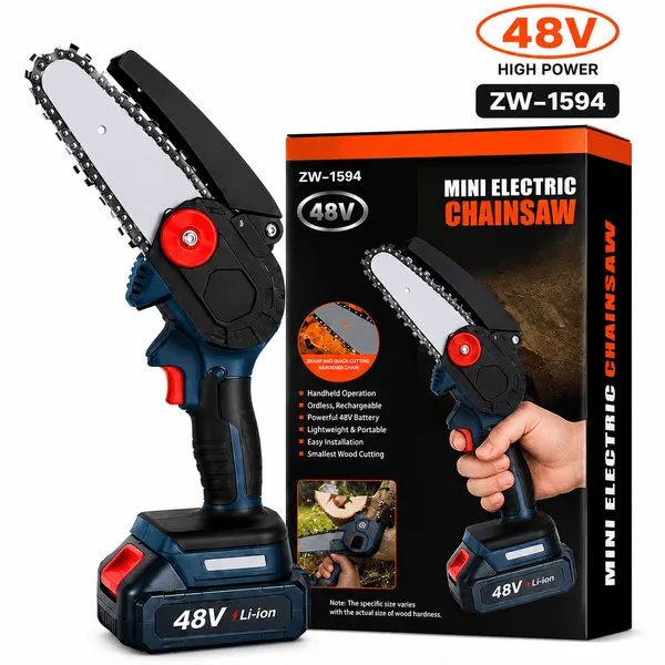 ALQO High Power Cordless Mini Chainsaw 6 Inch | Rechargeable 48V Lithium Battery | Portable One-Hand Electric Wood Cutter for Tree Trimming & Branch Pruning Wood Cutting