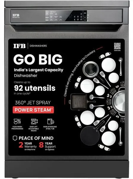 IFB 16 Place Settings with DeepClean庐 Technology Powered by AI Freestanding Dishwasher (Neptune VX16, Inox Grey, Largest Capacity Washes upto 92 Utensils, 70掳 Hot Water Wash)