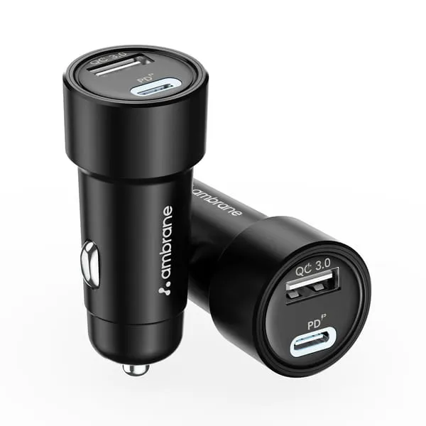 Ambrane 51W Fast Charging Car Charger, Dual Output 33W Type C PD + 18W USB Car Adapter Quick Charger