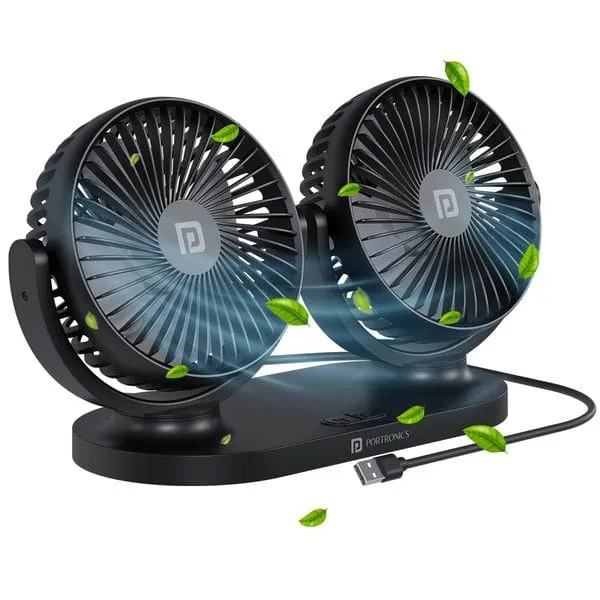 Portronics TwinCool Dual Head USB Powered Fan With 360 Rotatable Head, 3 Speed Control, Ultra Silent Operation, Brushless Motor, Suitable For 12/24V Car, SUV