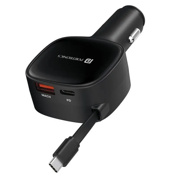 Portronics Car Power Retracto 84W 3 in 1 Car Charger, 80 cm Retractable Cable (33W Type-C PD), Dual Port (18W USB Type-A & 33W Type-C) for Laptop, Android