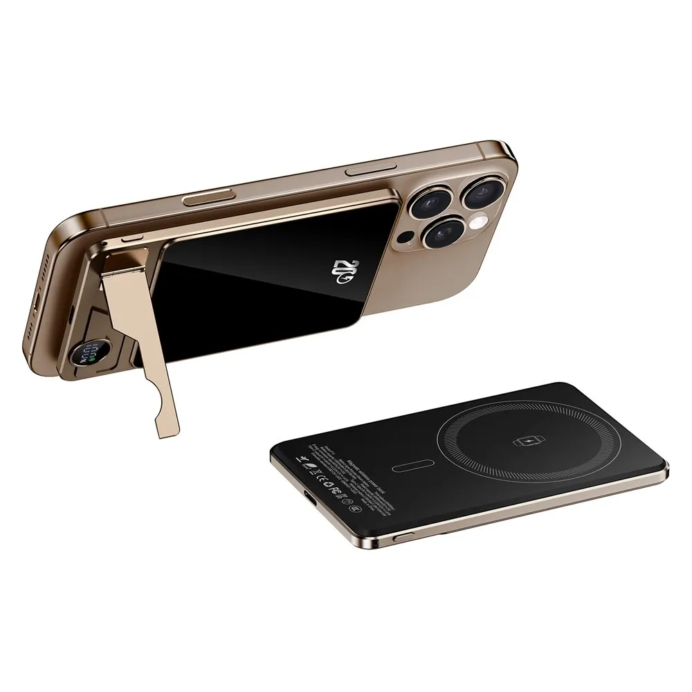 [SHAM-00-003-GOLD] F15 10000mAh Magnetic Wireless Power Bank Slim 15W Portable Charger with USB-C PD 20W Fast Charging and Foldable Stand