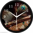 WELFARE INDIA 25x25 cm Decorative Peacock Feather morpankh shree krishana flute wall clock for home for Living room/ OFFICE – Black, White & Gold | Plastic & Glass Round Clock for Home & Office Decor Peacock Feather morpankh shree krishana wall clock best price
