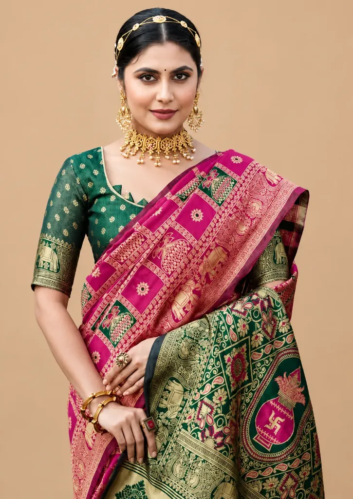 Traditional Kanjeevaram Zari Woven Saree with Temple Motifs and Rich Contrast Pallu | Wedding & Festive Ethnic Wear And With Twirling Blouse