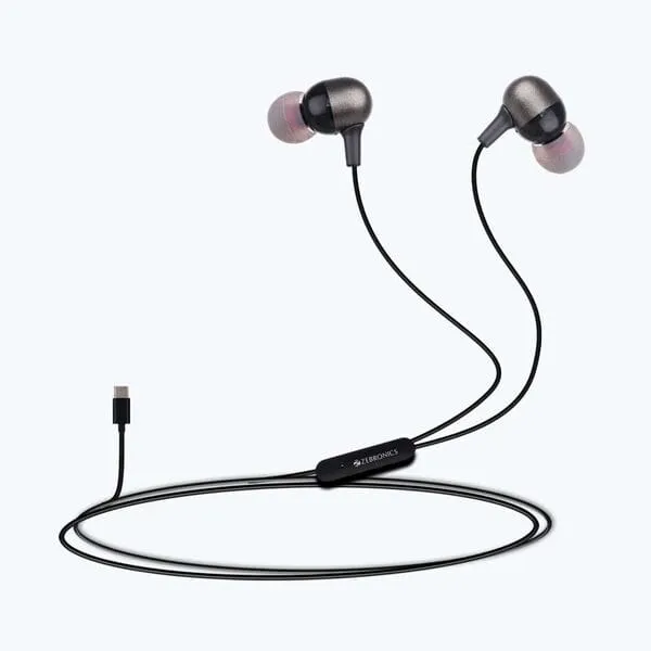 Zebronics ZEB-Aria USB Type-C Wired Earphones | HD Sound | Grey