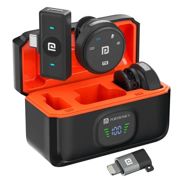 Portronics Vlogmate 3 Dual Wireless Microphone | ENC Noise Cancellation | Type-C & Lightning