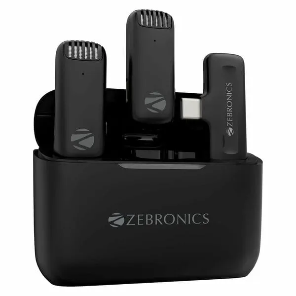 Zebronics Wireless Lavalier Mic with Type-C Charging Case, 2.4GHz Type-C Interface, Noise Reduction, ENC, Omnidirectional Pickup, Long Range, 2X Lavalier Mic