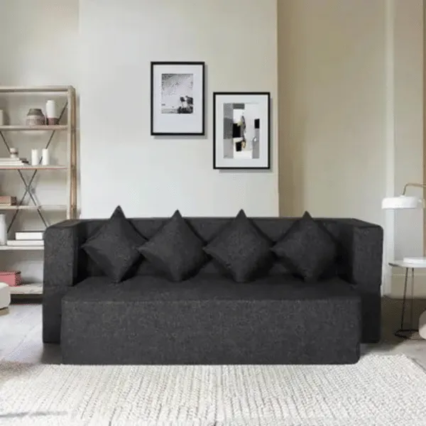 ApkaInterior Jute Fabric with 4 Cushions 4 Seater Single Foam Fold Out Sofa Cum Bed (Dark Grey)(78x36x14 inch)