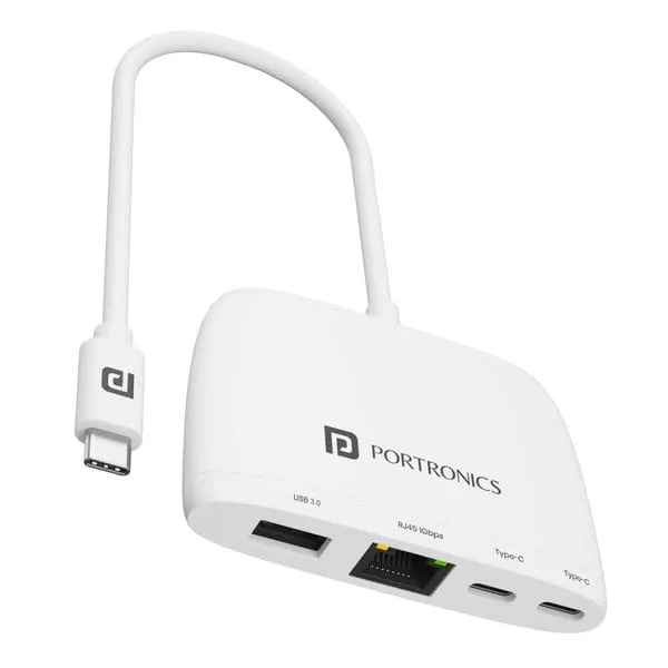 Portronics Mport 41 4-in-1 USB-C Hub, Gigabit Ethernet 1000Mbps, 2x Type-C Data, USB 3.0, RJ45 LAN, For Laptop, Mac & PC – White
