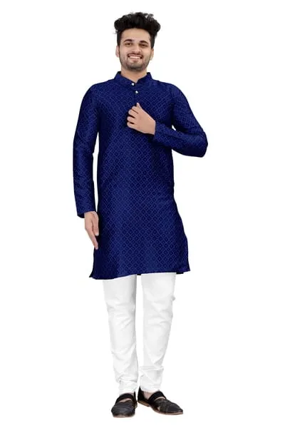 Divine Creation Navy Bluea Cotton Jacquard Stitched Kurta (Select, Select)